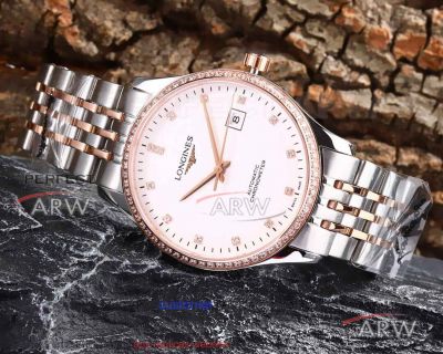 Perfect Replica Longines Rose Gold Diamond Bezel White Face 40mm Men's Watch